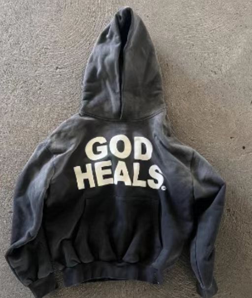 GOD HEALS Printed Letter Loose Hooded Sweatshirt