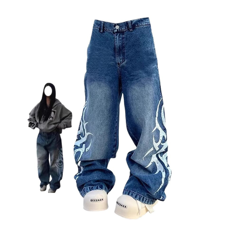 Retro Washed Distressed Print Wide-Leg Denim Pants