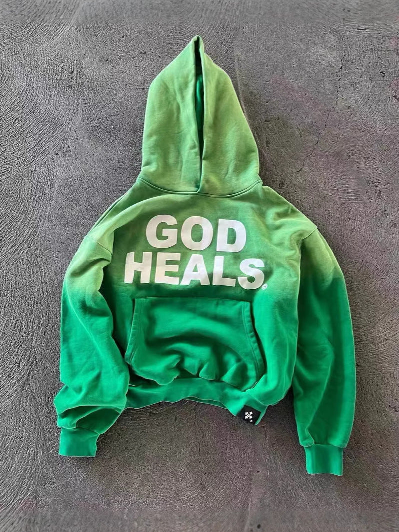 GOD HEALS Printed Letter Loose Hooded Sweatshirt