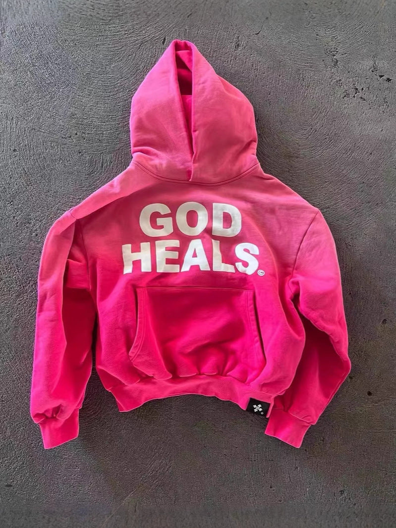 GOD HEALS Printed Letter Loose Hooded Sweatshirt