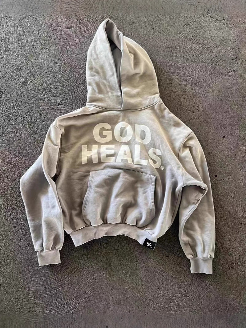 GOD HEALS Printed Letter Loose Hooded Sweatshirt