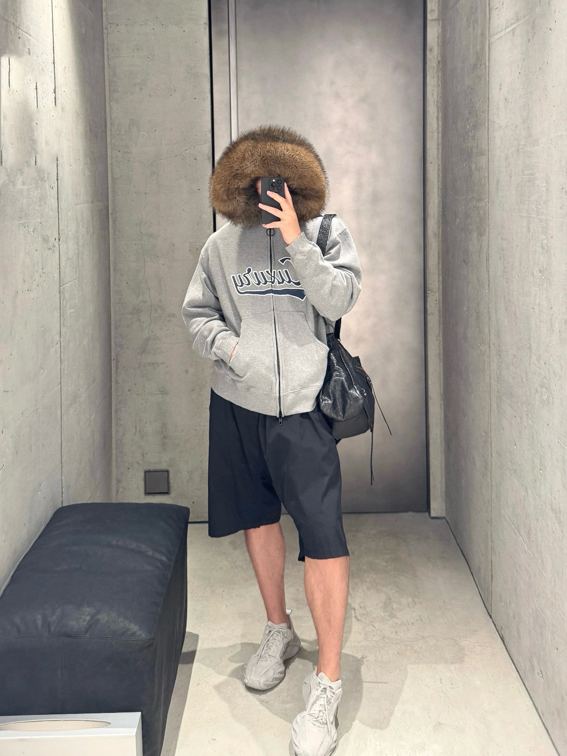 Letter Patch Embroidered Oversized Fur Collar Zip Up Hoodie
