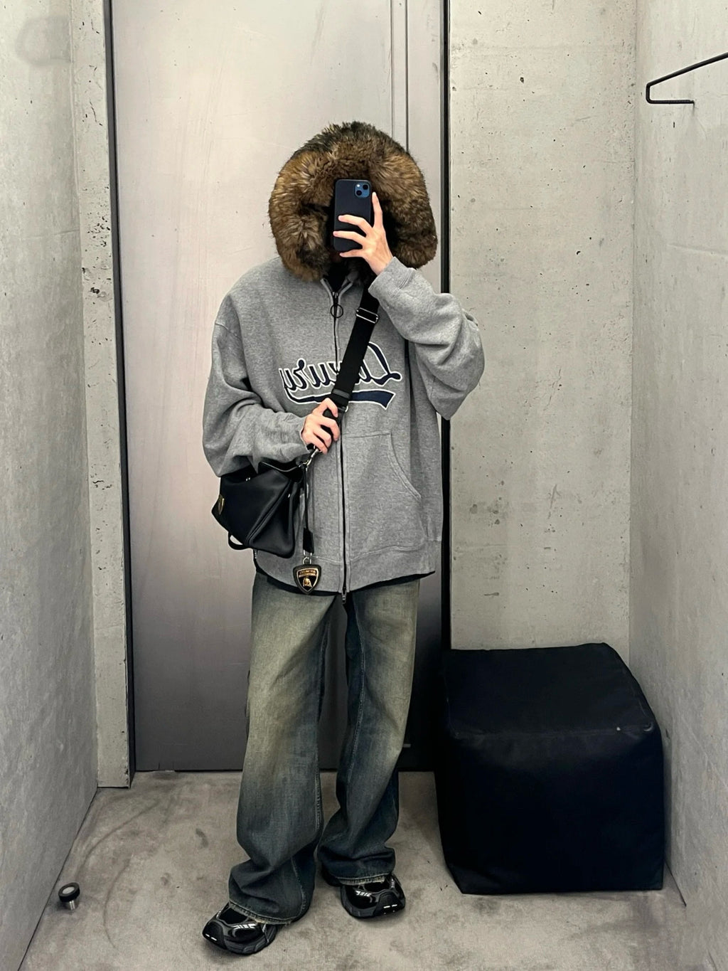 Letter Patch Embroidered Oversized Fur Collar Zip Up Hoodie