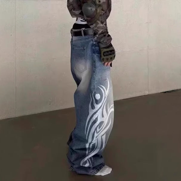 Retro Washed Distressed Print Wide-Leg Denim Pants