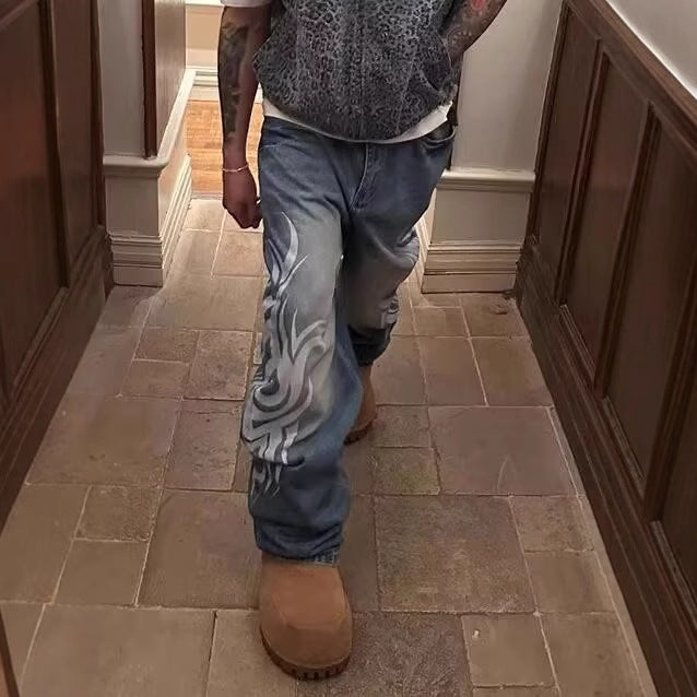 Retro Washed Distressed Print Wide-Leg Denim Pants