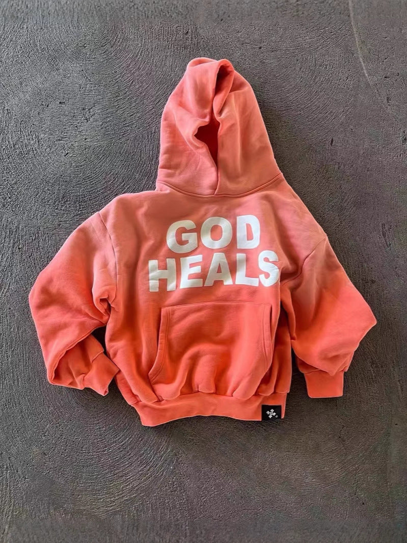 GOD HEALS Printed Letter Loose Hooded Sweatshirt