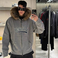 Letter Patch Embroidered Oversized Fur Collar Zip Up Hoodie