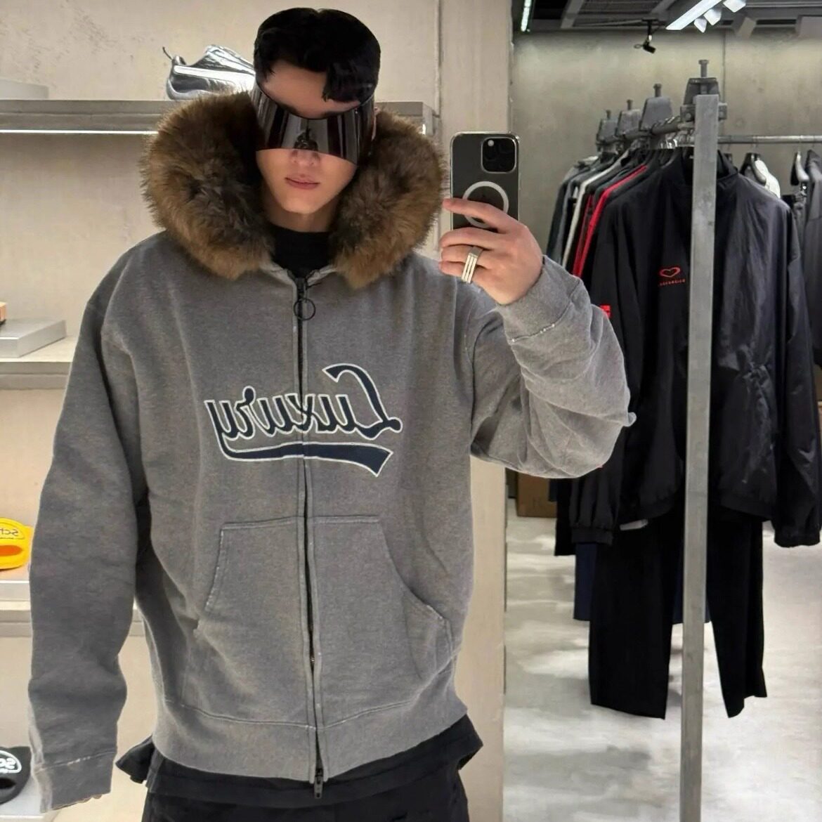 Letter Patch Embroidered Oversized Fur Collar Zip Up Hoodie