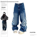 Retro Washed Distressed Print Wide-Leg Denim Pants