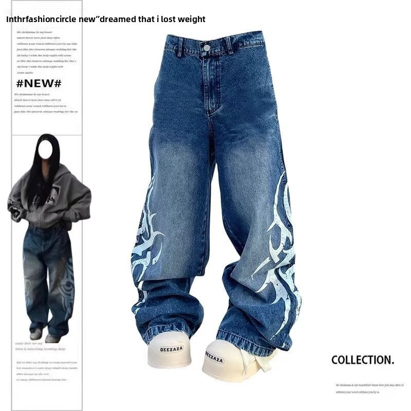 Retro Washed Distressed Print Wide-Leg Denim Pants