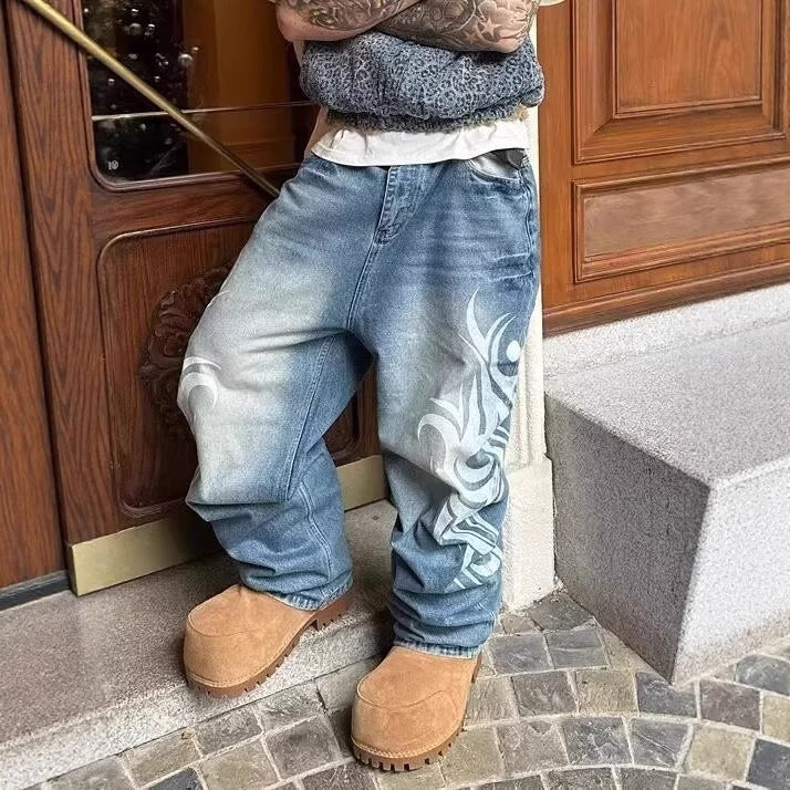 Retro Washed Distressed Print Wide-Leg Denim Pants