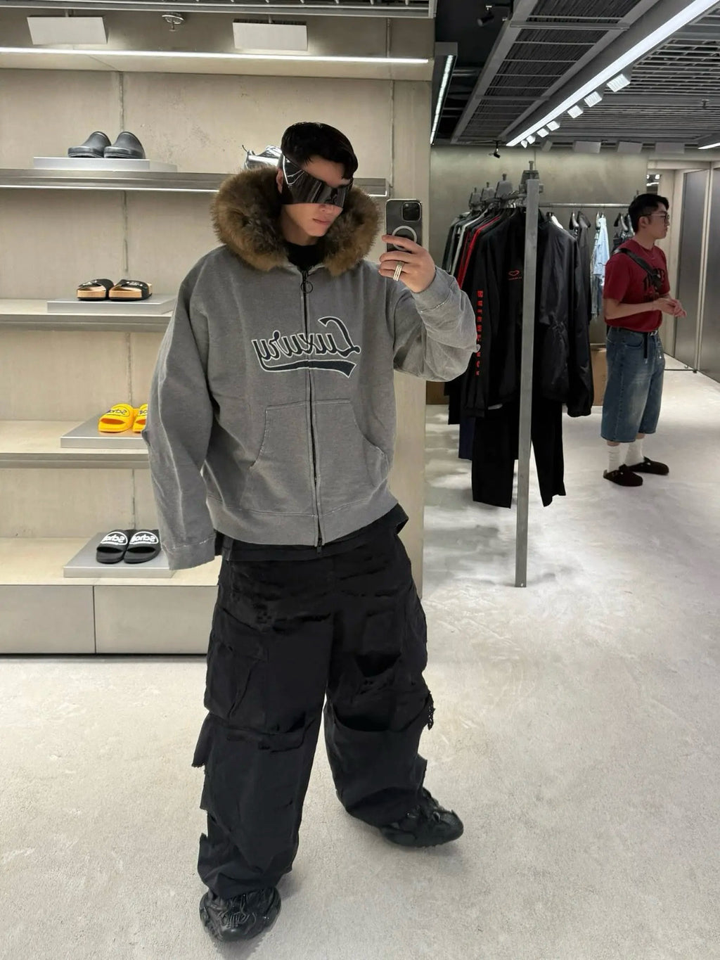 Letter Patch Embroidered Oversized Fur Collar Zip Up Hoodie