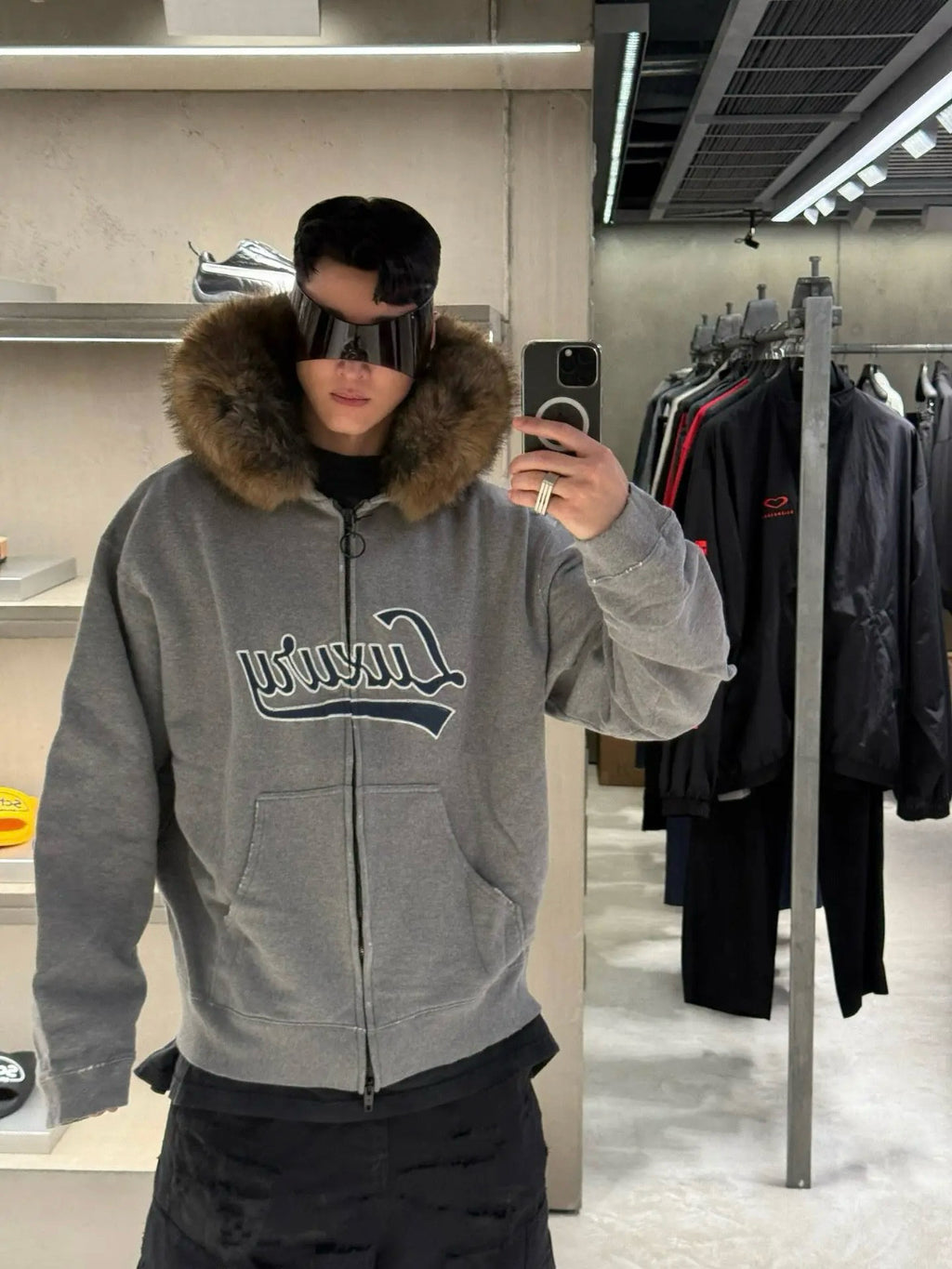 Letter Patch Embroidered Oversized Fur Collar Zip Up Hoodie