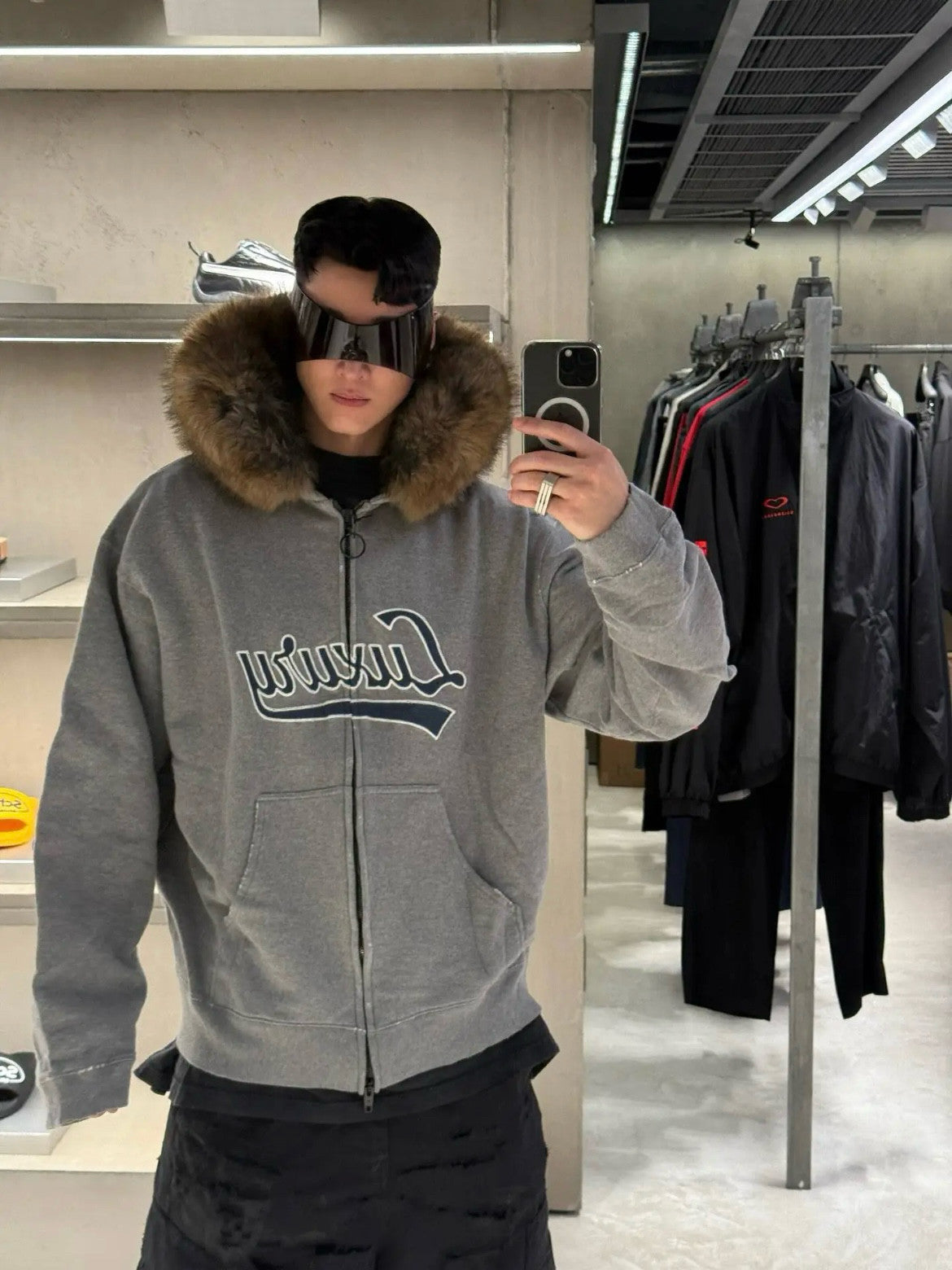 Letter Patch Embroidered Oversized Fur Collar Zip Up Hoodie