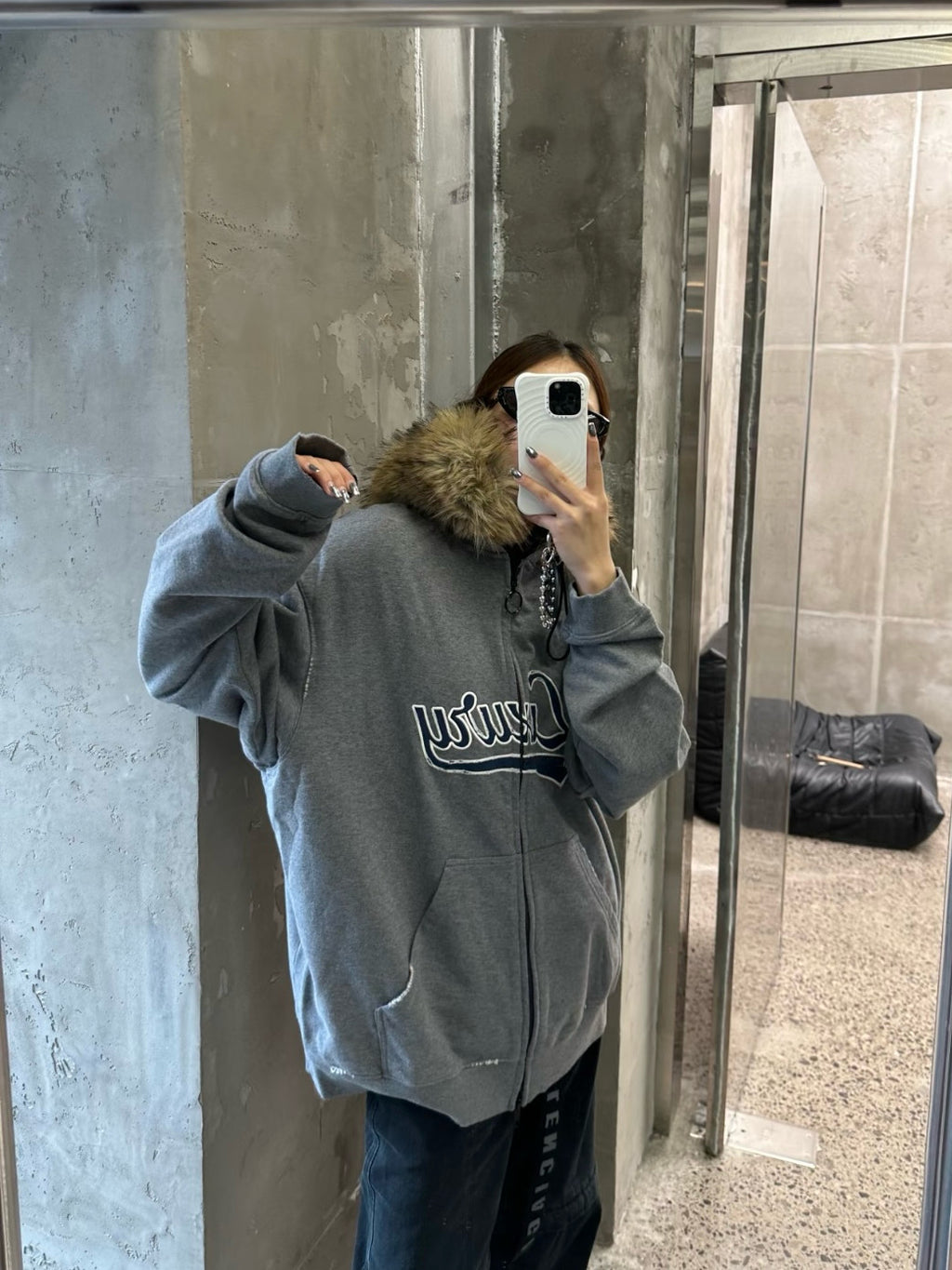 Letter Patch Embroidered Oversized Fur Collar Zip Up Hoodie